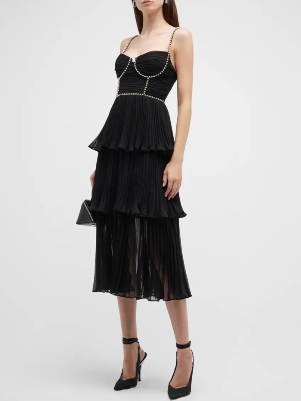 Self-Portrait Embellished Pleated Chiffon Midi-Dress size 2 - Picture 3 of 16